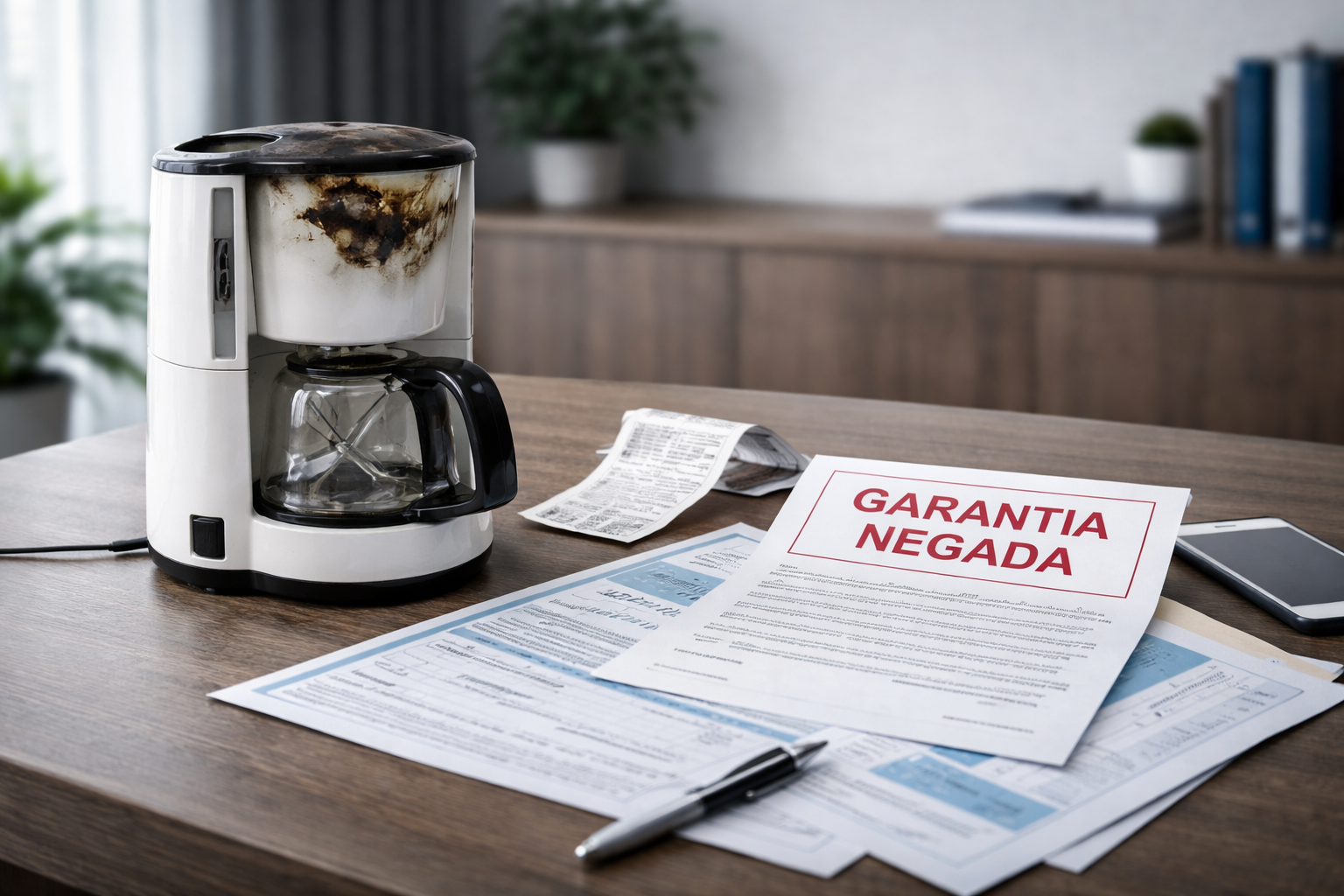 Eletrodoméstico com defeito, documentos de garantia e nota fiscal sobre a mesa