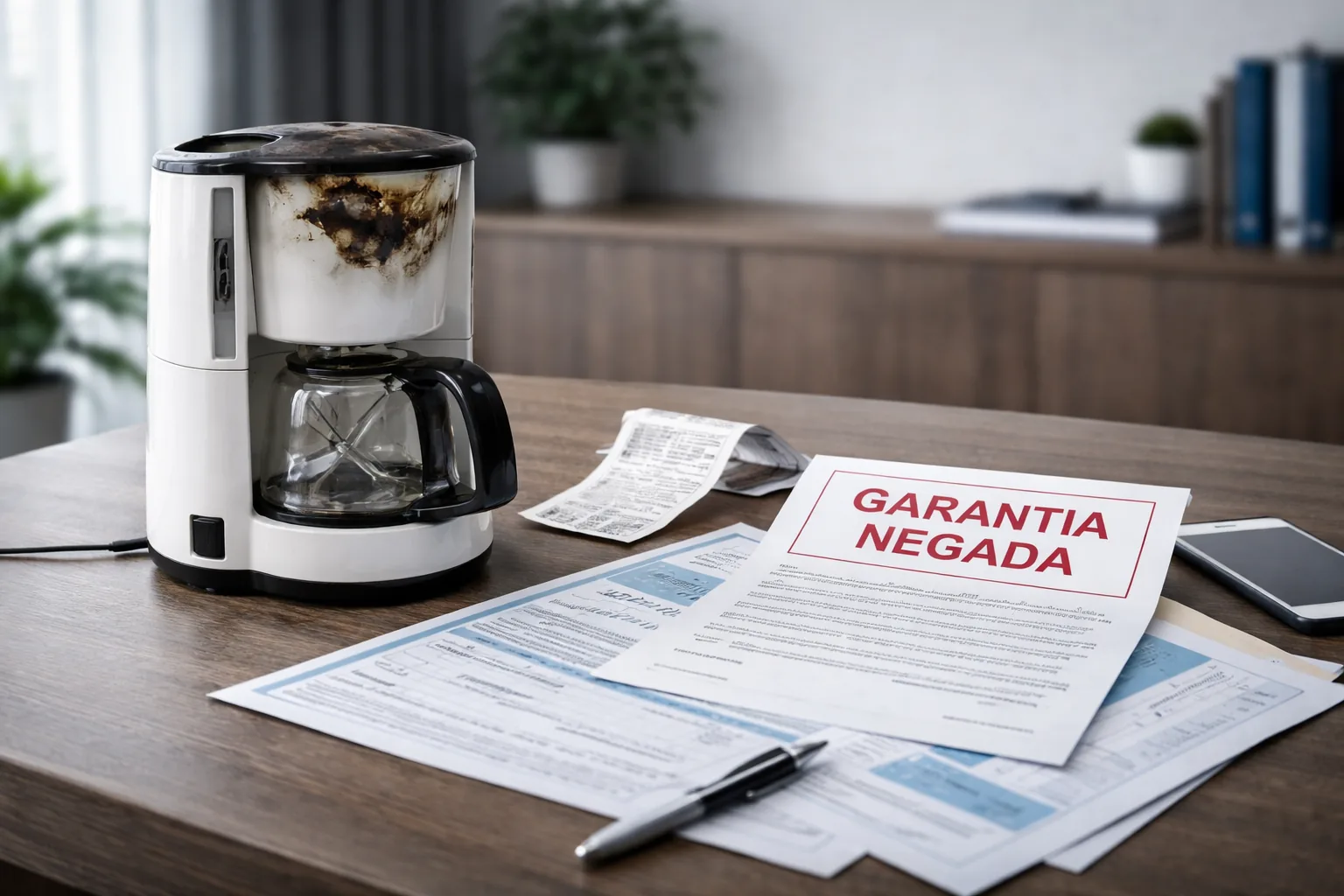 Eletrodoméstico com defeito, documentos de garantia e nota fiscal sobre a mesa